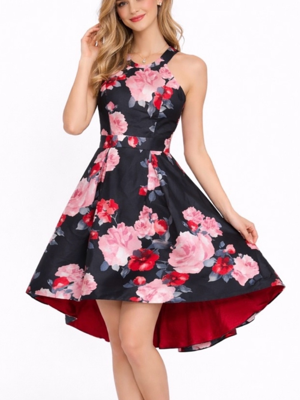 Trixxi Black Halter High-Low Dress with Pink and Red Floral Print